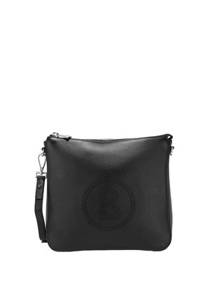 Sort læder crossbody taske med lynlås, aftagelig rem og perforeret rundt logo med bogstavet "B" på forsiden.