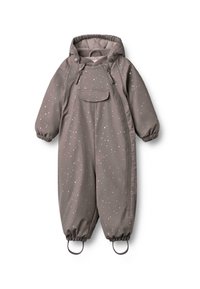 Grijze geïsoleerde jumpsuit met een sterrenpatroon, rits aan de voorkant, elastische manchetten en lussen voor het bevestigen van accessoires. Zachte, gladde stof.