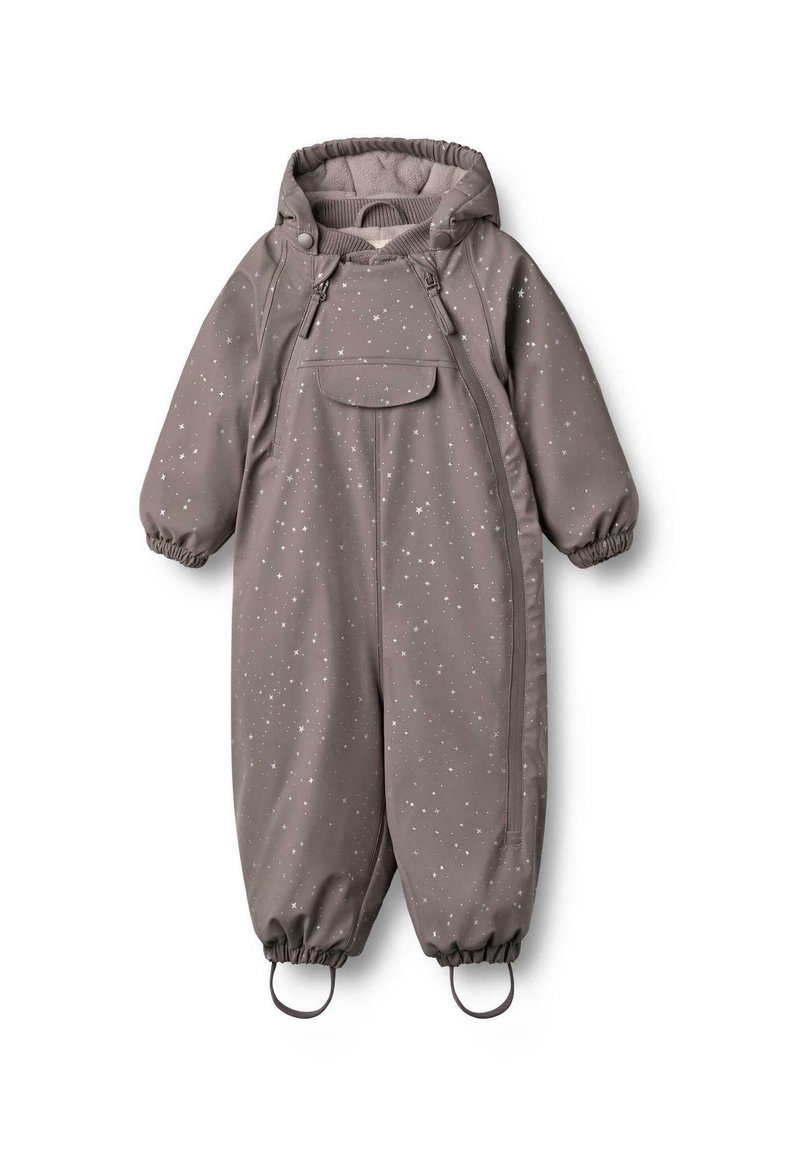Grijze geïsoleerde jumpsuit met een sterrenpatroon, rits aan de voorkant, elastische manchetten en lussen voor het bevestigen van accessoires. Zachte, gladde stof.