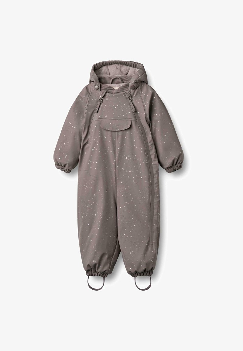 Combinaison isolée grise avec un motif étoilé, fermeture éclair à l'avant, poignets élastiques et boucles pour attacher des accessoires. Tissu doux et lisse.