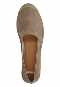 Beige suede espadrille with a rounded toe, elastic side openings, and a jute rope sole. Smooth texture with minimal stitching detail.