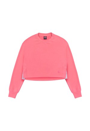 Felpa corta a maniche lunghe di un rosa acceso con scollo rotondo e polsini a coste, con un piccolo logo vicino all'orlo inferiore.