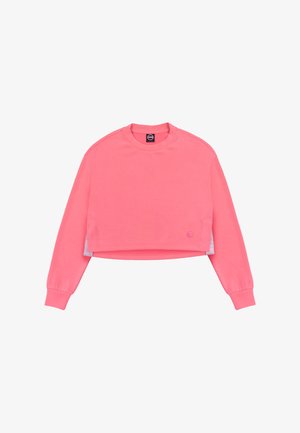 Felroze cropped sweatshirt met lange mouwen, een ronde hals en geribbelde manchetten, met een klein logo vlakbij de onderkant.
