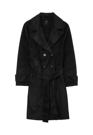 Trench coat nero doppiopetto con ampi rever, dettagli con bottoni, cintura in vita e maniche lunghe con polsini.