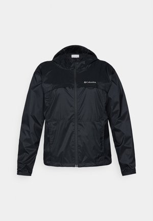 Fekete Columbia dzseki, teljes cipzárral, kapucnival és rugalmas mandzsettával. A sima, könnyű anyag matt felülettel rendelkezik.