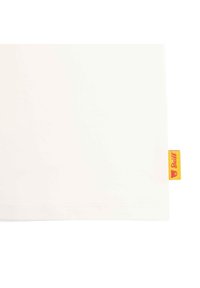 Cotton fabric in soft white with a straight edge; features a red and yellow tag with a bear logo on the right side.