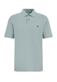 Lichtblauw poloshirt van katoen met een klassieke kraag, een knoopsluiting met twee knopen en een klein geborduurd logo op de linkerborst.