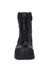 Botte tactique noire à lacets à l'avant, en cuir et mesh, avec embout renforcé, col rembourré et semelle en caoutchouc texturée.