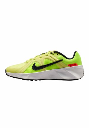 Zapatilla de correr Nike en amarillo neón y verde lima con logo swoosh negro, suela blanca y detalle rojo en el talón, vista lateral.