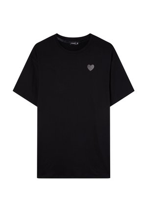 Maglietta in cotone nera con scollatura rotonda e maniche corte. Presenta un piccolo design a forma di cuore argentato sul lato sinistro del petto.