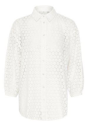 Balta nėriniuota palaidinė su apykakle, sagų uždarymu, burbulinėmis rankovėmis ir apvalia gėlių raštu visame paviršiuje.