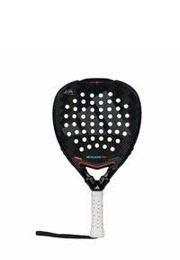 Paddle racket met een zwart koolstofvezeloppervlak en witte gaten, voorzien van een gestructureerde handgreep met rode accenten en een verstelbare riem.