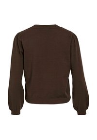 Maglione lavorato a maglia marrone con maniche a sbuffo lunghe, scollo rotondo e orlo a coste. Il tessuto texturizzato offre un aspetto morbido e leggermente elasticizzato.