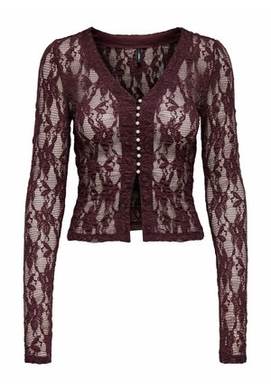 Cardigan in pizzo borgogna con maniche lunghe, scollo a V, chiusura frontale con bottoni piccoli e rotondi simili a perle, design corto, motivo floreale.