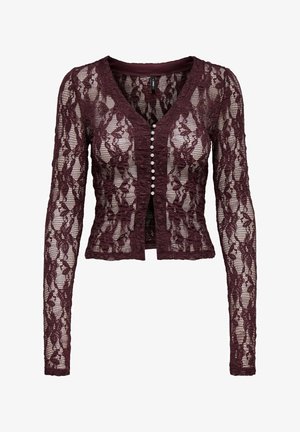 Cardigan in pizzo borgogna con maniche lunghe, scollo a V, chiusura frontale con bottoni piccoli e rotondi simili a perle, design corto, motivo floreale.