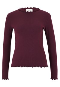 Haut à manches longues bordeaux en tissu côtelé, avec un col et un ourlet volantés. Design simple avec une silhouette ajustée et une texture lisse.