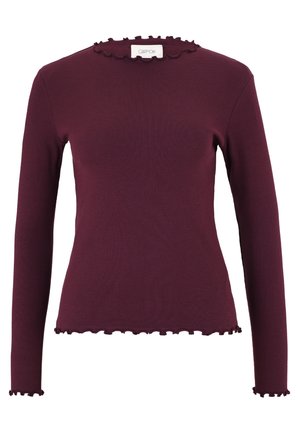 Langärmliges burgunderfarbenes Oberteil aus geripptem Stoff, mit einem Rüschensaum am Ausschnitt und am Saum. Schlichtes Design mit figurnaher Silhouette und glatter Textur.