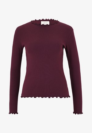Top a maniche lunghe bordeaux realizzato in tessuto a coste, con scollo e orlo arricciati. Design semplice con silhouette aderente e texture liscia.