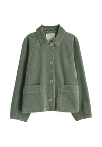 Groene corduroy jas met een kraag, knoopsluiting en twee voorzakken. Gestructureerde stof met verticale ribbels en raglanmouwen.