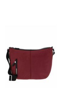 Borsa a tracolla bordeaux realizzata in un tessuto liscio e resistente, con chiusura a zip nera, tracolla regolabile e una tasca frontale con una zip elegante.