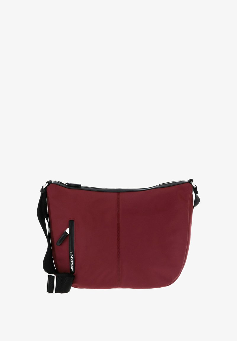 Borsa a tracolla bordeaux realizzata in un tessuto liscio e resistente, con chiusura a zip nera, tracolla regolabile e una tasca frontale con una zip elegante.