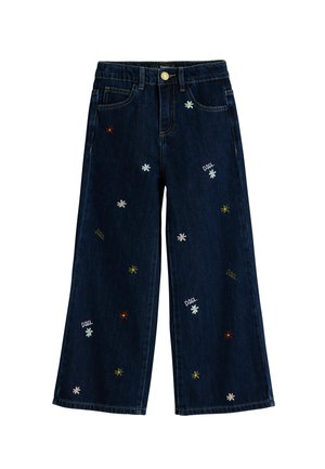 Dunkelblaue weite Jeans mit mehrfarbiger Blumenstickerei und verstreuten Markenlogo-Akzenten auf dem Stoff. Klassisches Fünf-Taschen-Design.