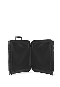 Black wheeled suitcase with a retractable handle, open to reveal two mesh-lined compartments and a sturdy zipper closure.