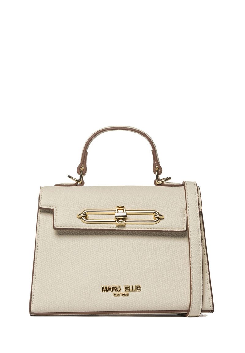 Beige Lederhandtasche mit strukturiertem Design, goldenen Metallakzenten, oberen Griff und abnehmbarem Schulterriemen. Strukturierte Oberfläche.