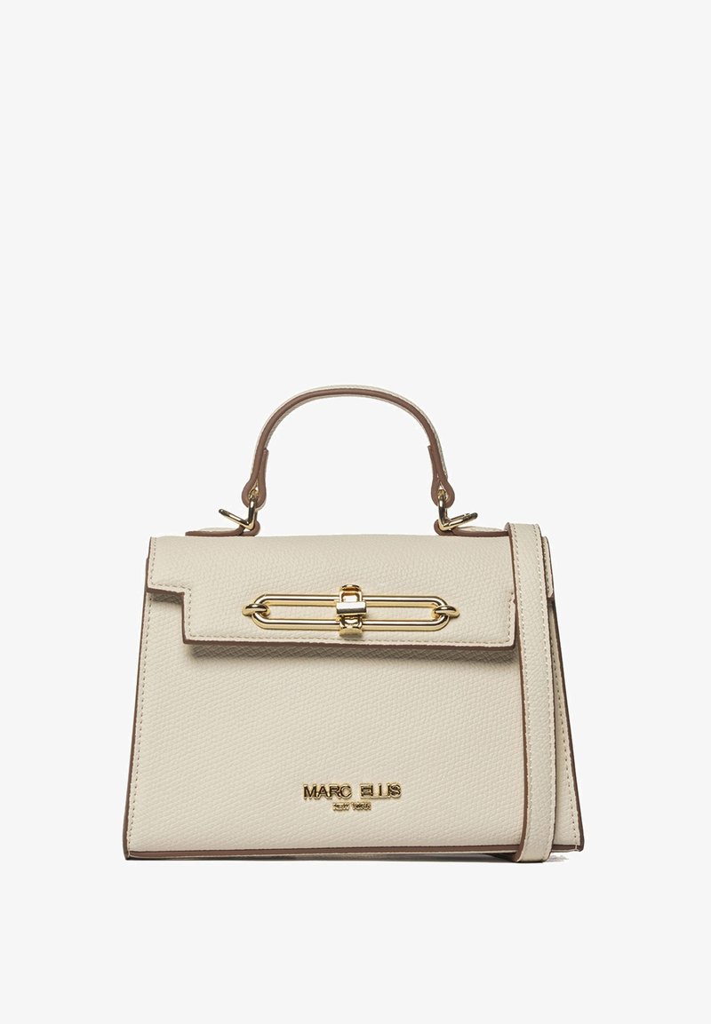 Beige Lederhandtasche mit strukturiertem Design, goldenen Metallakzenten, oberen Griff und abnehmbarem Schulterriemen. Strukturierte Oberfläche.