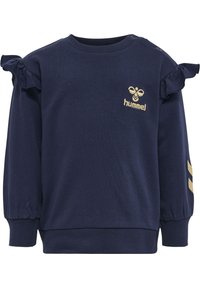 Marinblå sweatshirt med volangaxlar, guld-logga på bröstet, guldstrimmor på ärmarna, tillverkad av mjukt tyg, rund halsringning, ribbade manschetter.