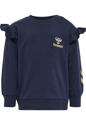 Marineblauwe sweatshirt met gerimpelde schouders, gouden logo op de borst, gouden streepaccenten op de mouwen, gemaakt van zachte stof, ronde halslijn, ribgebreide manchetten.