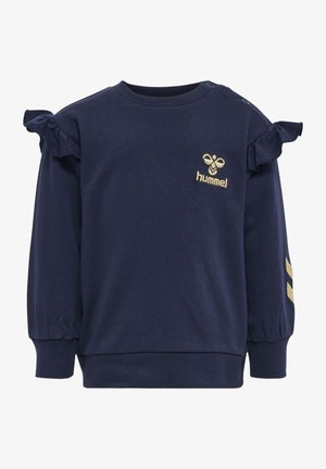 Marineblauwe sweatshirt met gerimpelde schouders, gouden logo op de borst, gouden streepaccenten op de mouwen, gemaakt van zachte stof, ronde halslijn, ribgebreide manchetten.