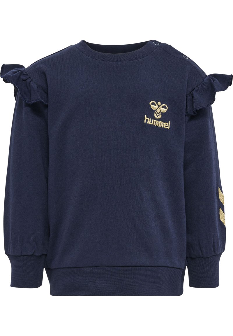 Marinblå sweatshirt med volangaxlar, guld-logga på bröstet, guldstrimmor på ärmarna, tillverkad av mjukt tyg, rund halsringning, ribbade manschetter.