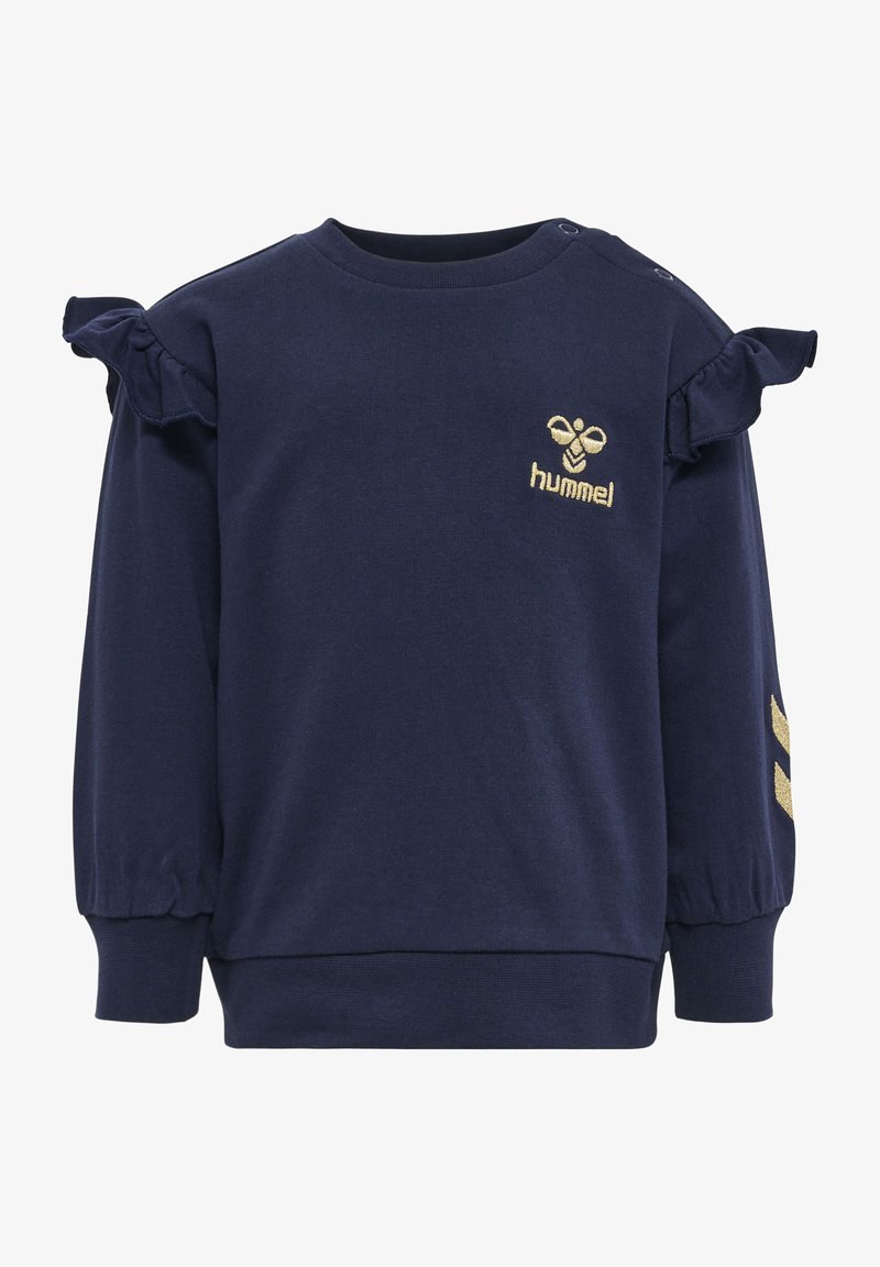 Marineblaues Sweatshirt mit Rüschenschultern, goldenem Logo auf der Brust, goldenen Streifenakzenten an den Ärmeln, aus weichem Stoff, rundem Halsausschnitt und gerippten Bündchen.