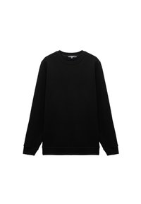 Sudadera negra hecha de una mezcla de algodón, con cuello redondo, mangas largas y puños y dobladillo acanalados. Lisa, sin patrones ni gráficos.