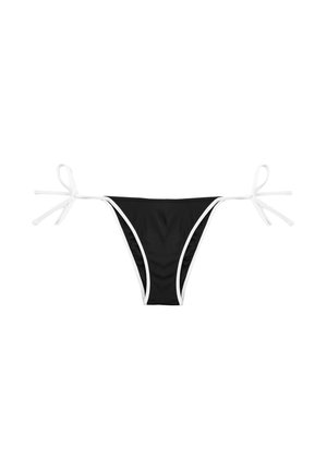 Czarny dół bikini z białym obszyciem i regulowanymi bocznymi wiązaniami na białym tle.