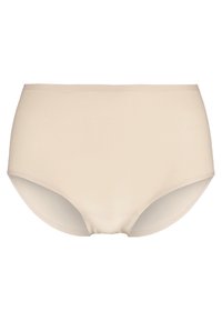 Beige high-waisted women's underwear made of smooth fabric with a seamless design and no visible waistband, offering full coverage.