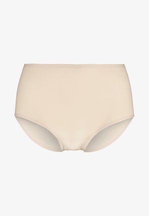 Mutande femminili beige a vita alta realizzate in tessuto morbido, con un design senza cuciture e senza fascia visibile, che offrono una copertura totale.