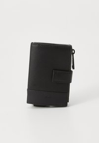 Portofel din piele neagră cu fermoar, prevăzut cu închidere tip buton și cu numele brandului „JOOR” embosat pe față. Design simplu și modern.