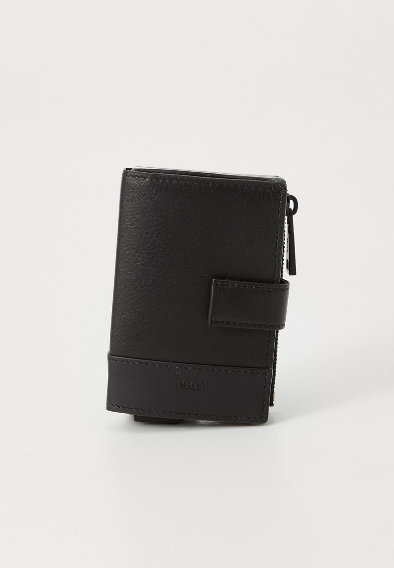 Portofel din piele neagră cu fermoar, prevăzut cu închidere tip buton și cu numele brandului „JOOR” embosat pe față. Design simplu și modern.