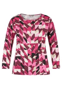 Long-sleeve top featuring a multicolored geometric pattern in pink, burgundy, cream, and black. Made from a soft, stretchy fabric.