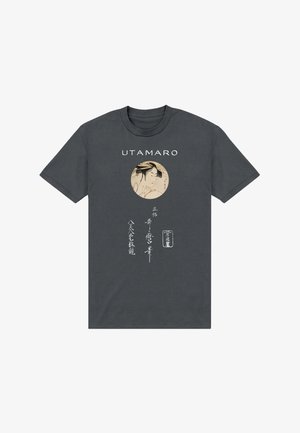 Antracietgrijs T-shirt met de tekst "UTAMARO", voorzien van een cirkelvormig traditioneel portret van een Japanse vrouw en verticale Japanse kalligrafie eronder.