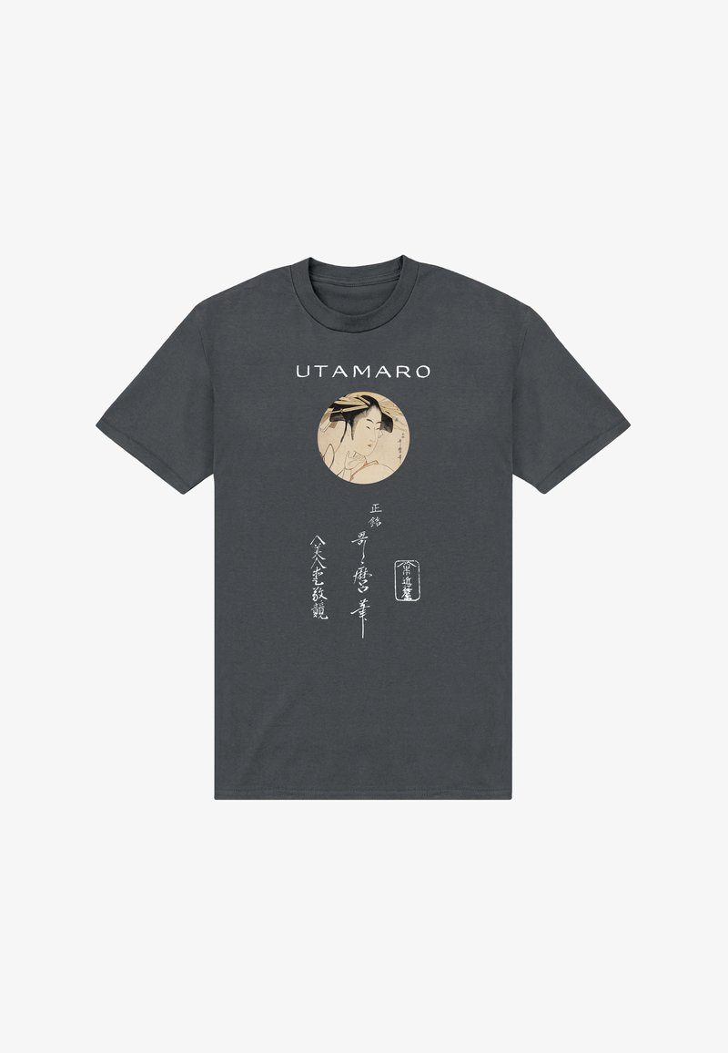 Charcoal gray T-shirt with "UTAMARO" text, featuring a circular traditional Japanese woman portrait and vertical Japanese calligraphy below.