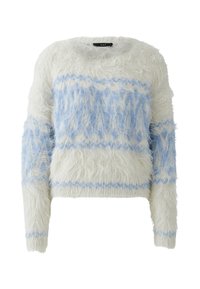Wollen wit trui met lichtblauw zigzagpatroon, lange mouwen en ronde halslijn. Zachte textuur, cropped pasvorm en onderscheidend ontwerp.