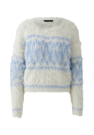 Weicher weißer Pullover mit einem hellblauen Zickzackmuster, langen Ärmeln und Rundhalsausschnitt. Angenehme Textur, kürzere Passform und markantes Design.