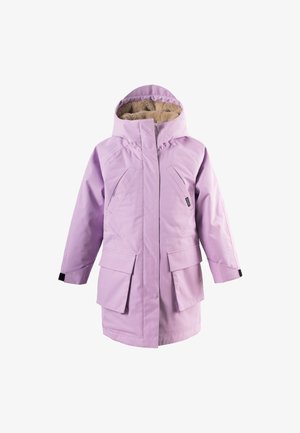 Helllila wasserdichte Parka mit einer mit Fell gefütterten Kapuze, mehreren Fronttaschen, seitlichen Reißverschlüssen und Verstellmöglichkeiten an den Bündchen für einen sicheren Sitz.