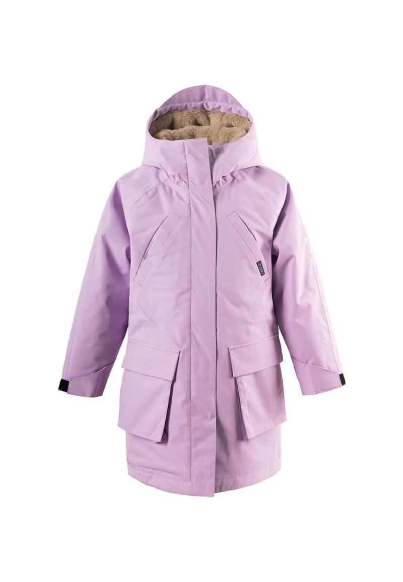 Helllila wasserdichte Parka mit einer mit Fell gefütterten Kapuze, mehreren Fronttaschen, seitlichen Reißverschlüssen und Verstellmöglichkeiten an den Bündchen für einen sicheren Sitz.