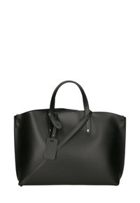 Borsa nera opaca con doppio manico superiore e tracolla removibile. Presenta hardware argentato e un'etichetta con dettaglio del logo.