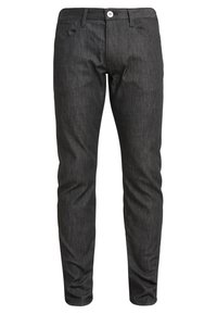 Černé džíny z denimu v úzkém střihu, s knoflíkovým zapínáním, poutky na opasek a designem se pěti kapsami. Materiál má hladkou texturu.