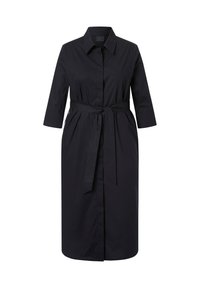 Vestito camicia nero con cintura, maniche a tre quarti, colletto e chiusura con bottoni; tessuto liscio con una forma strutturata e taglio a ginocchio.